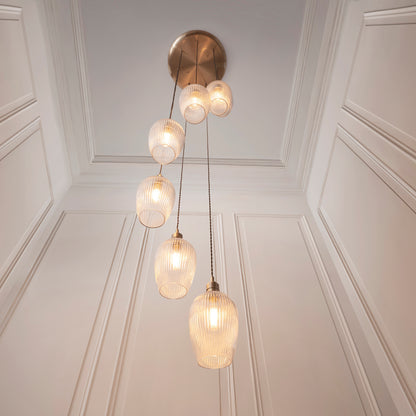 Stourton 7 Light Antique Brass & Ribbed Glass Cascade Pendant Light