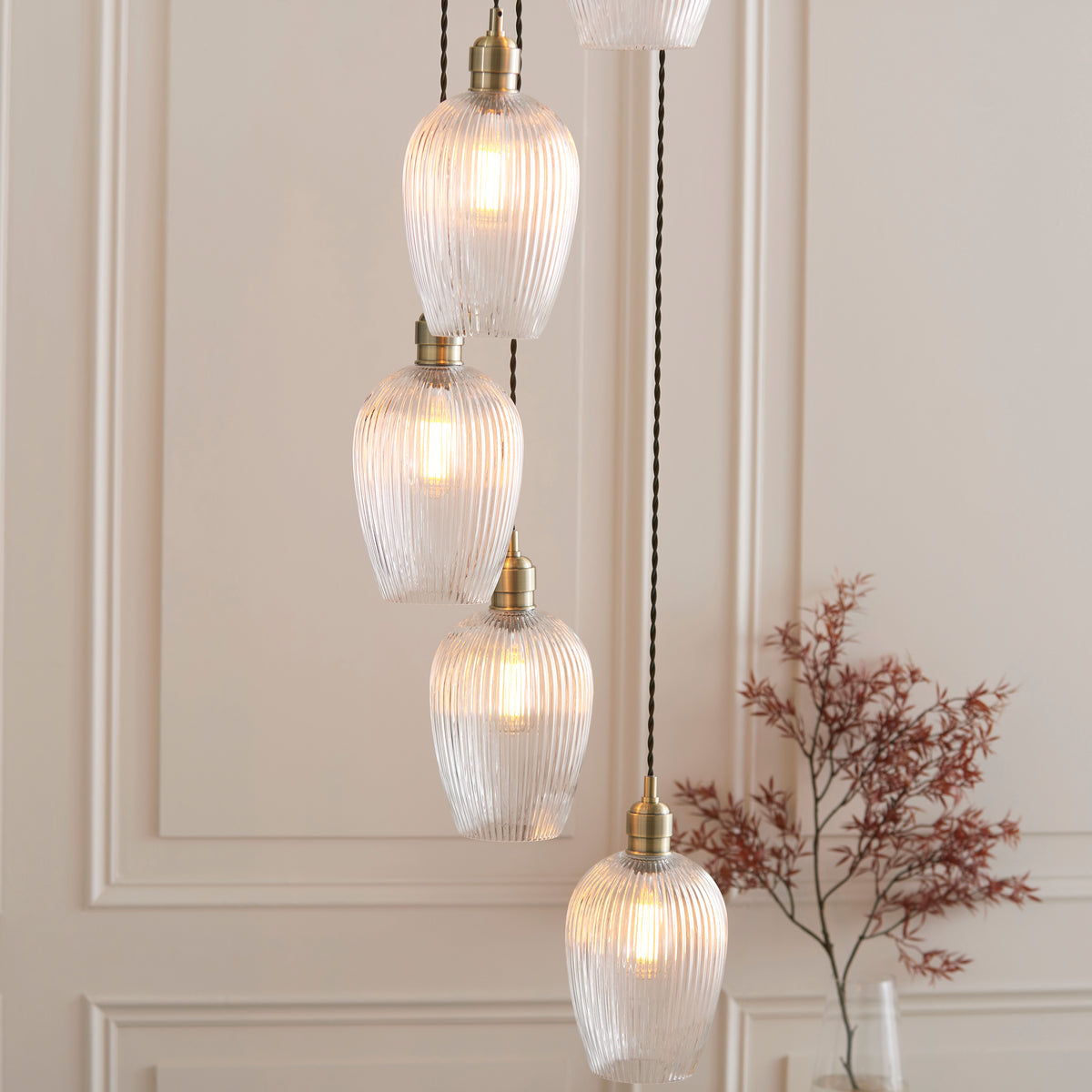 Stourton 7 Light Antique Brass & Ribbed Glass Cascade Pendant Light