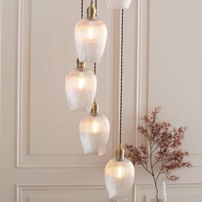 Stourton 7 Light Antique Brass & Ribbed Glass Cascade Pendant Light