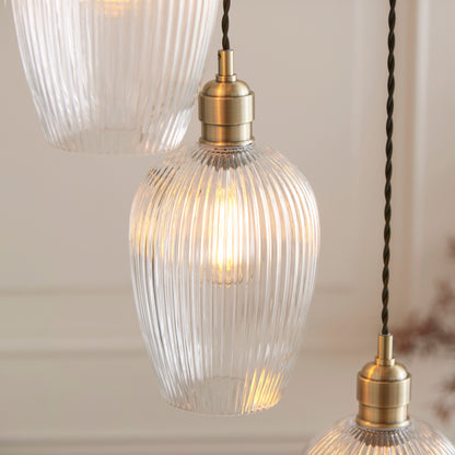 Stourton 7 Light Antique Brass & Ribbed Glass Cascade Pendant Light