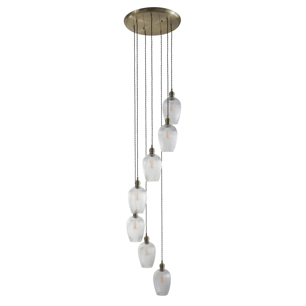 Stourton 7 Light Antique Brass & Ribbed Glass Cascade Pendant Light