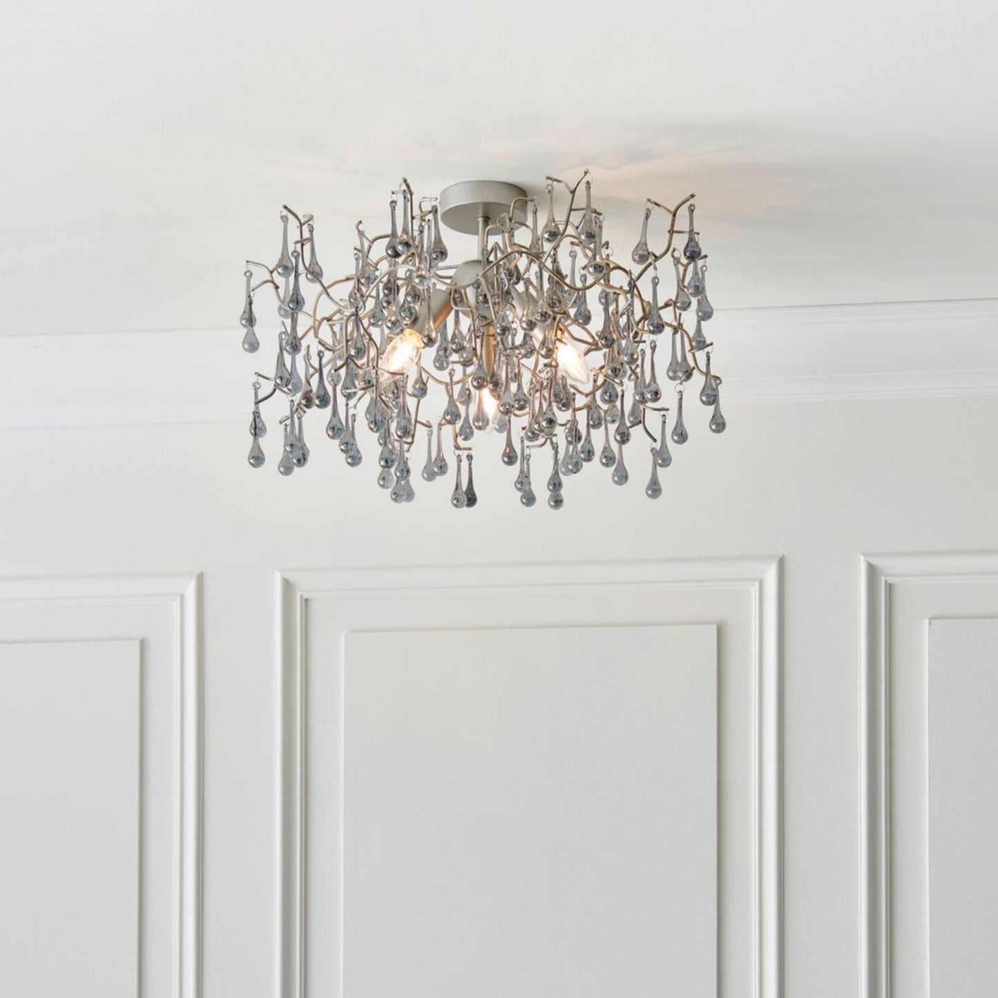 Nightingale 3 Light Silver & Glass Semi Flush Ceiling Light