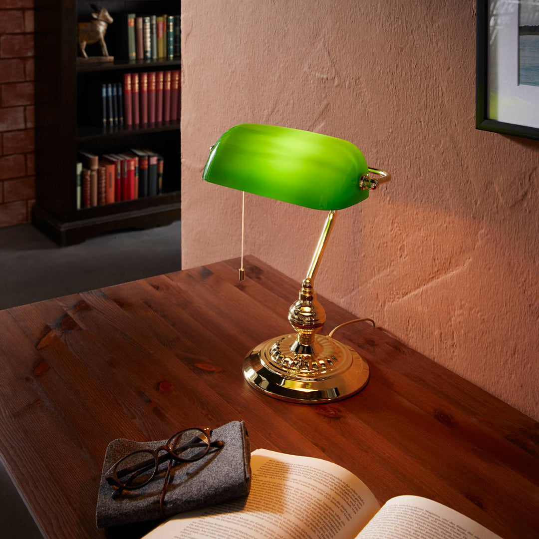 Banker Desk Table Lamp with Green Glass Shade