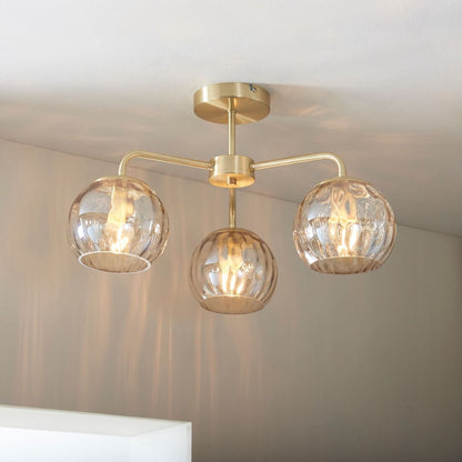 Dimple 3 Light Semi Flush Satin Brass Ceiling Light