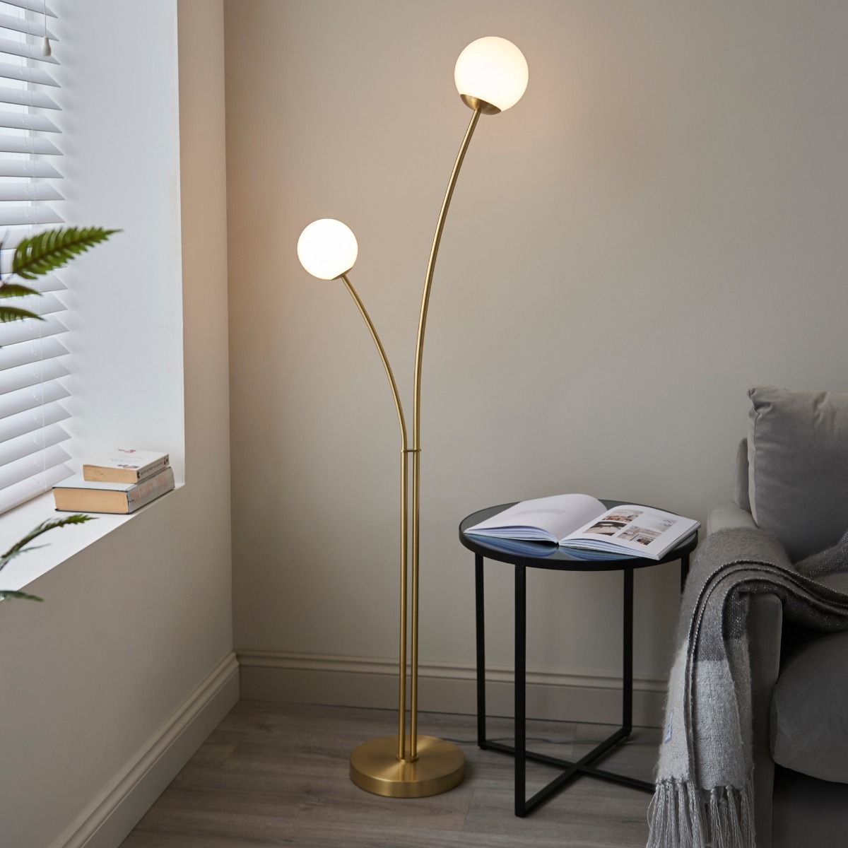 Bloom 2 Light Satin Brass & Opal Floor Lamp