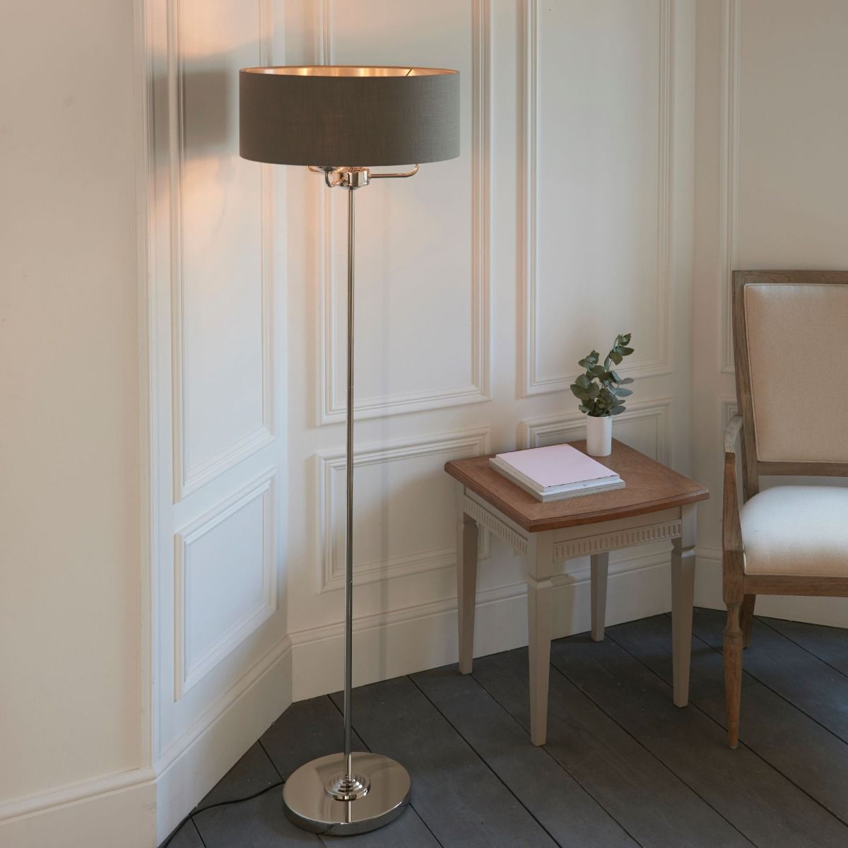 Highclere 3 Light Nickel & Charcoal Floor Lamp