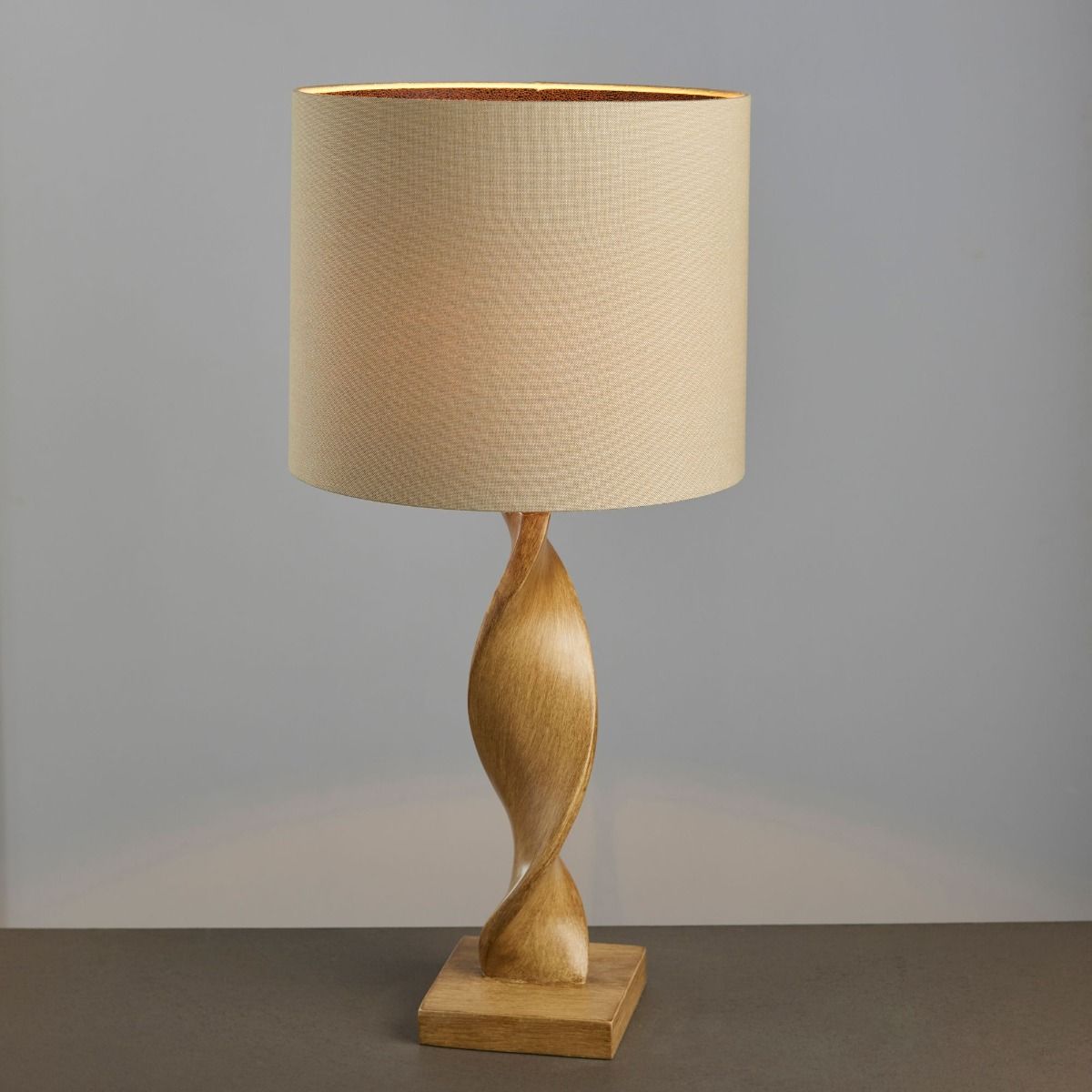 Abia Oak Effect & Natural Linen Table Lamp