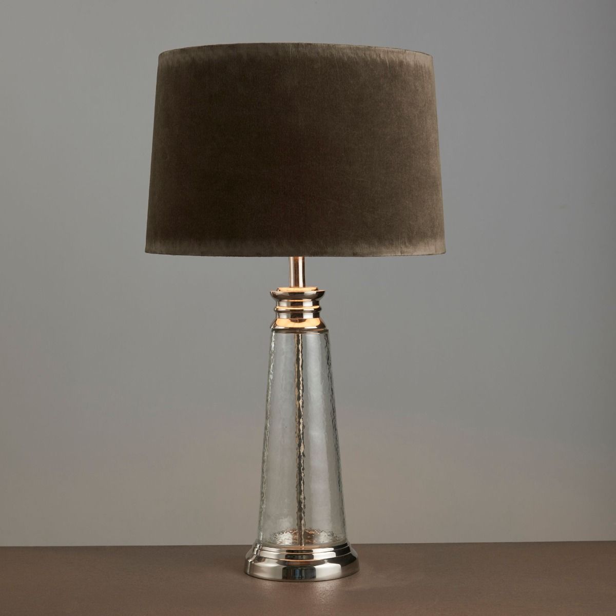Winslet Grey Velvet & Clear Hammered Glass Table Lamp
