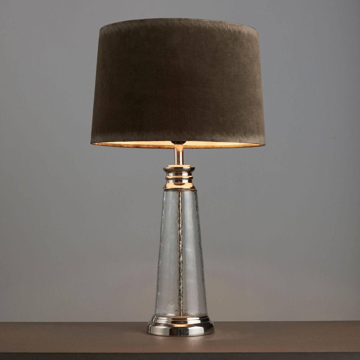 Winslet Grey Velvet & Clear Hammered Glass Table Lamp