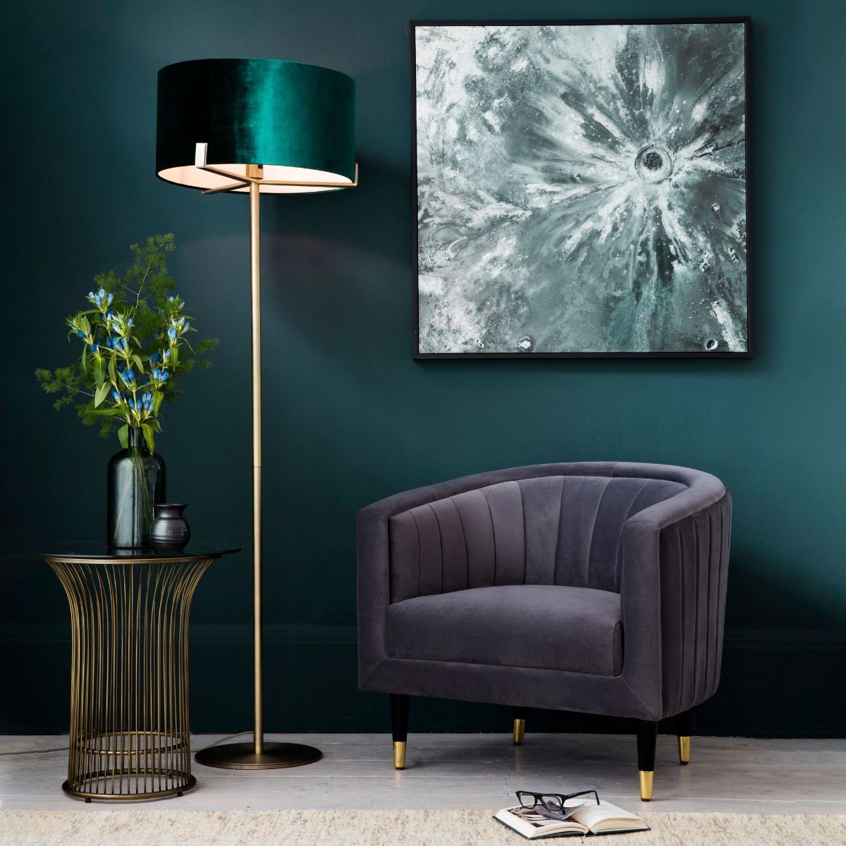 Hayfield Antique Brass & Green Velvet Floor Lamp