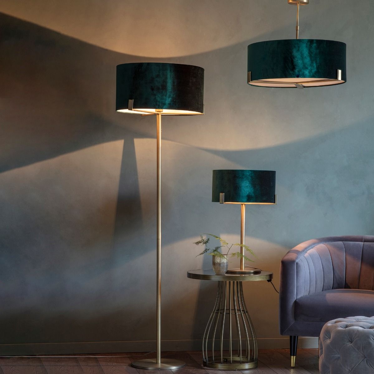 Hayfield 3 Light Antique Brass & Green Velvet Ceiling Light