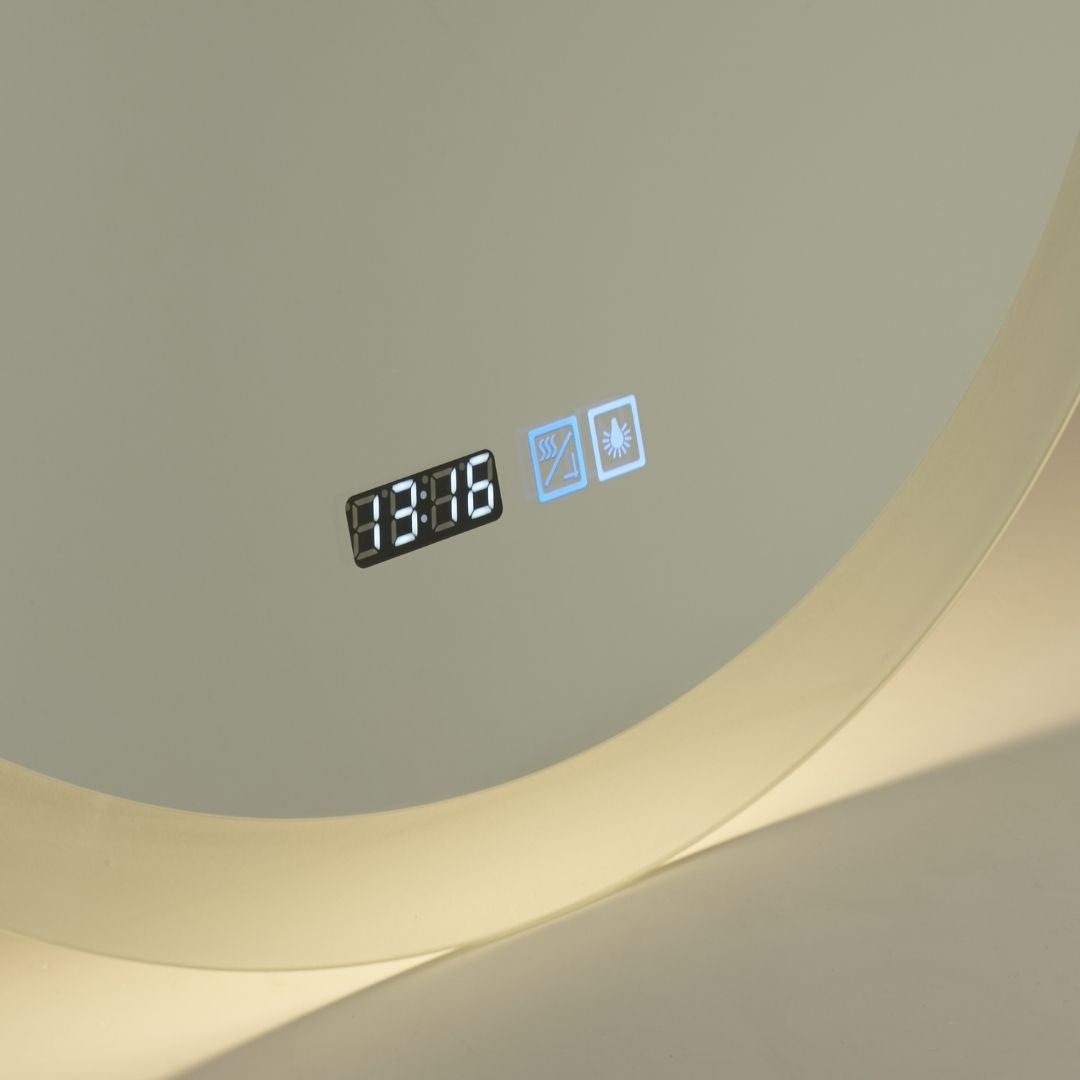 Round Bathroom Mirror with Digital Clock and Demister