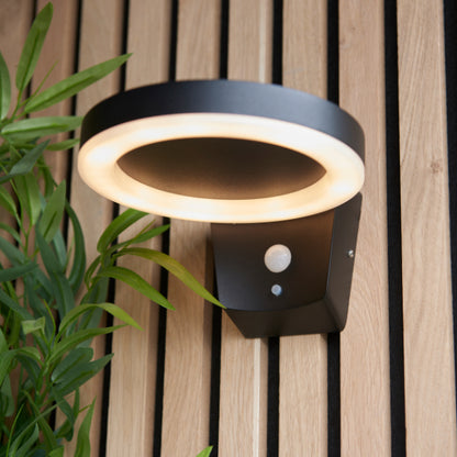 Ebro Outdoor LED IP44 PIR Black Solar Wall Light