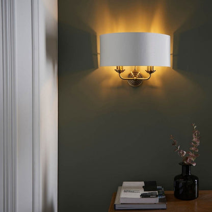 Highclere 2 Light Antique Brass Wall Light with White Shade