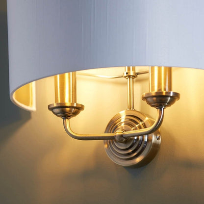 Highclere 2 Light Antique Brass Wall Light with White Shade