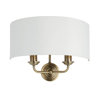 Highclere 2 Light Antique Brass Wall Light with White Shade