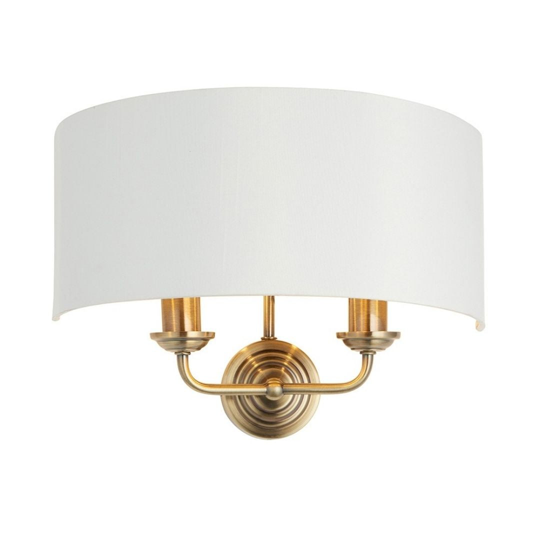 Highclere 2 Light Antique Brass Wall Light with White Shade