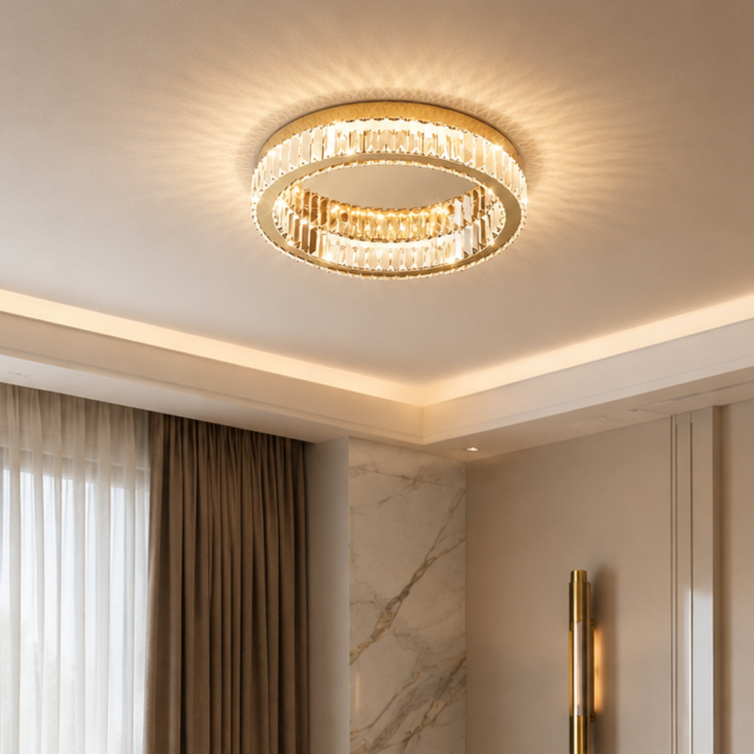 Oda Large Gold & Crystal LED Flush Ceiling Light - 50cm
