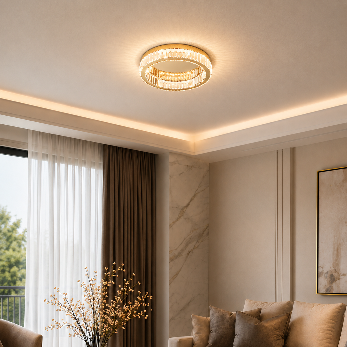Oda Large Gold & Crystal LED Flush Ceiling Light - 50cm