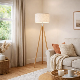 Armitage Light Wood Tripod Floor Lamp with Natural Shade