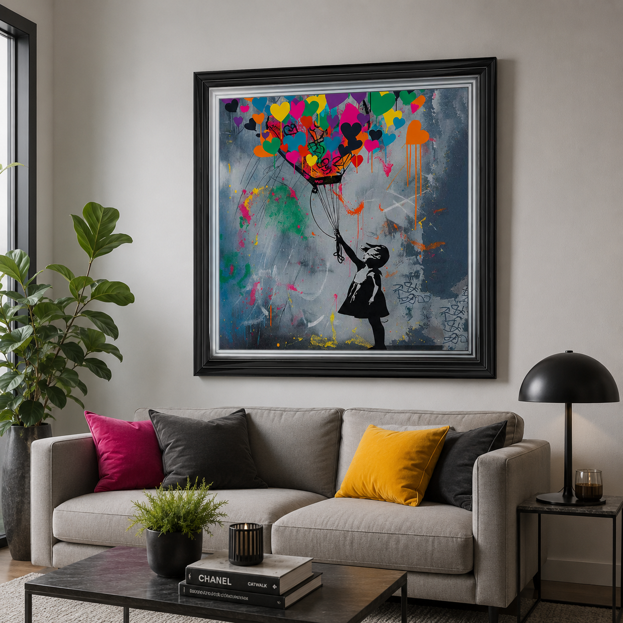 Heart Balloons Street Art Framed Wall Art – 70x70cm