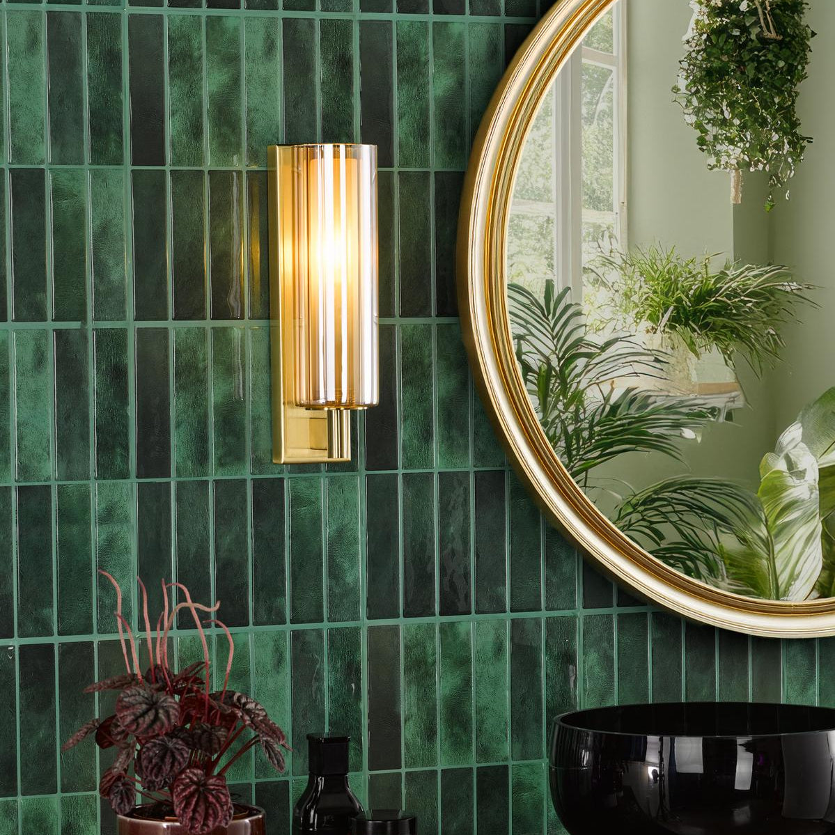 Bevin Bathroom Wall Light Brass and Amber Glass IP44