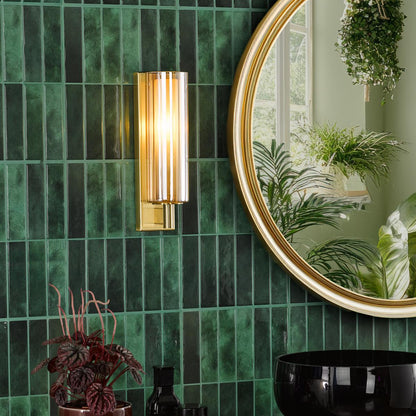 Bevin Bathroom Wall Light Brass and Amber Glass IP44
