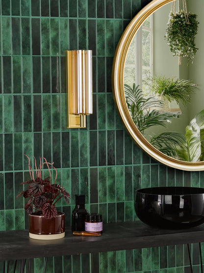 Bevin Bathroom Wall Light Brass and Amber Glass IP44