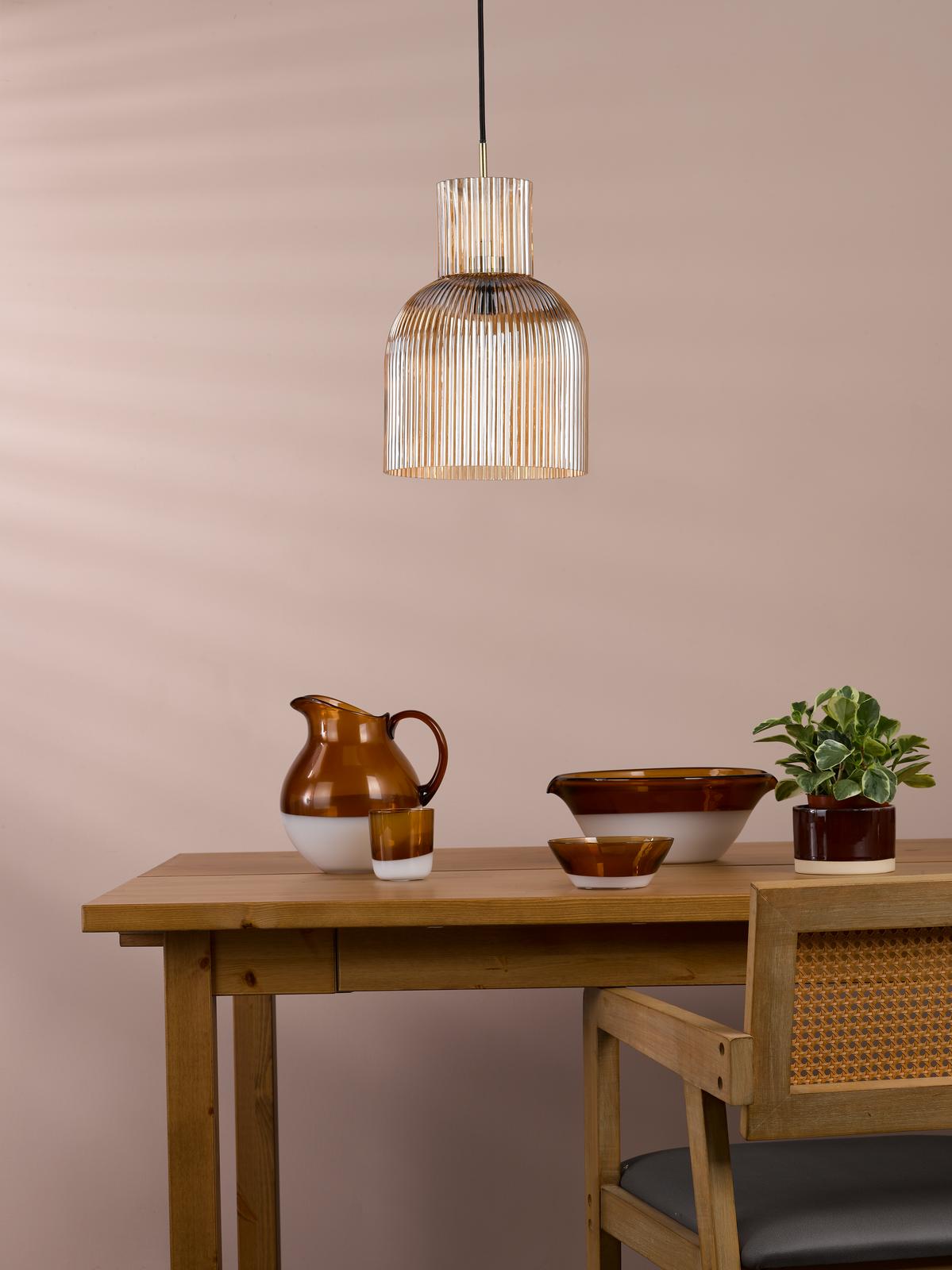 Bixby Amber Ribbed Glass & Brushed Bronze Pendant