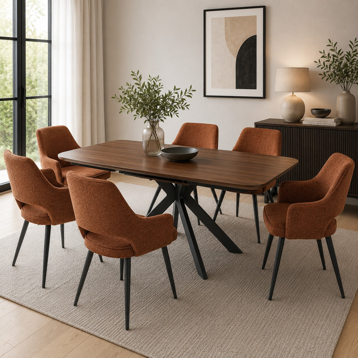 Boston 1400-1800mm Smoked Oak Table 6 Rust Ted Chairs