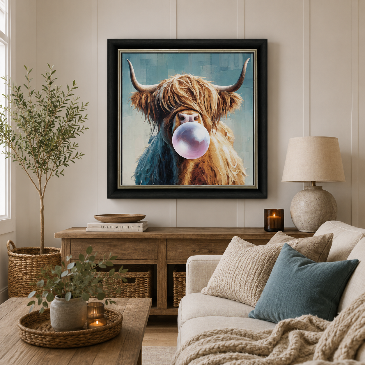 Bubblegum Highland Cow Framed Wall Art – 70x70cm