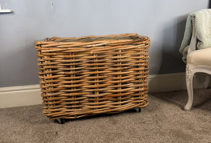 Wovenhill Bamboo Rattan Rectangular Storage Log Basket with Wheels