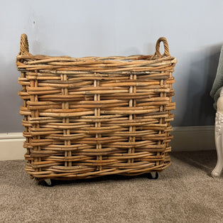 Wovenhill Bamboo Rattan Rectangle Storage Log Basket with Wheels and Hoop Handles