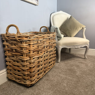 Wovenhill Bamboo Rattan Rectangle Storage Log Basket with Wheels and Hoop Handles