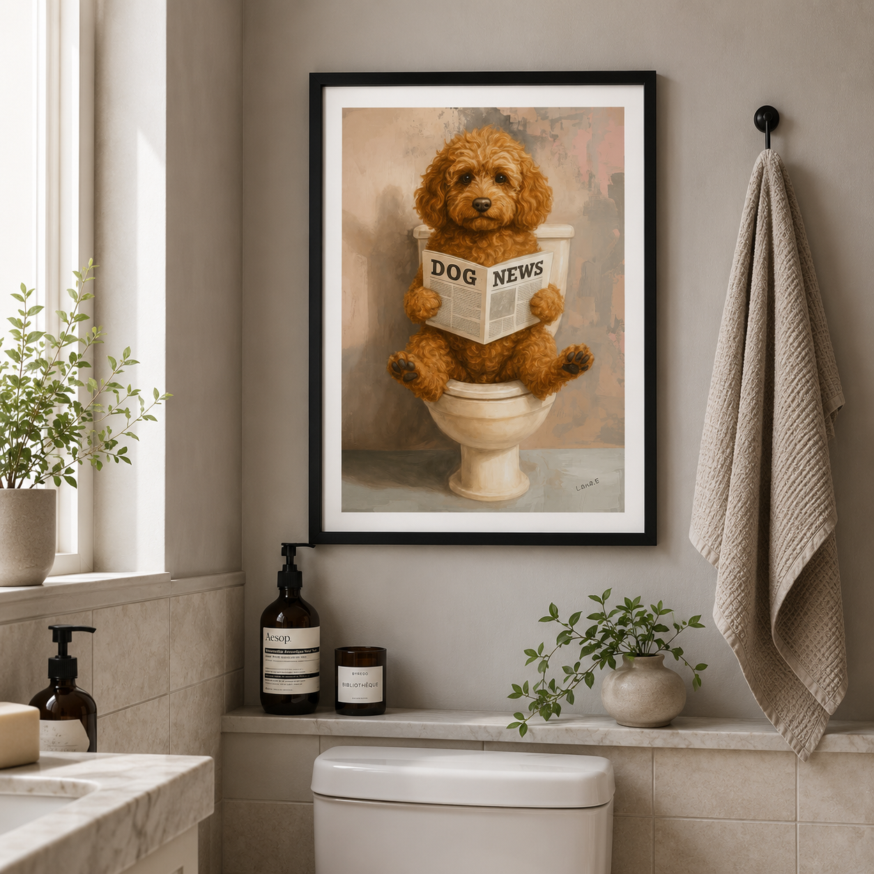 Dog News Bathroom Framed Wall Art – 30x40cm