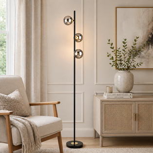 Eaen 3 Light Black and Gold Floor Lamp with Smoked Glass