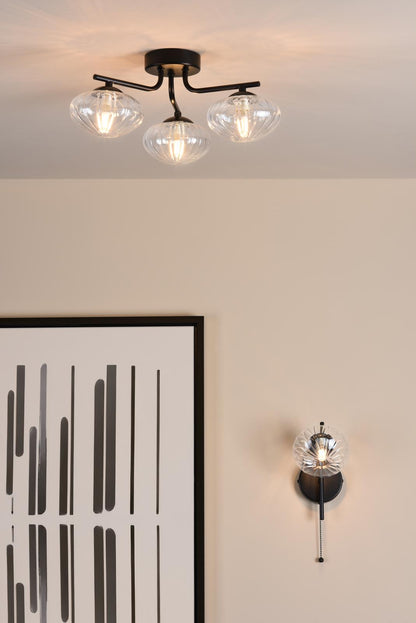 Ede Matt Black & Ribbed Glass Wall Light