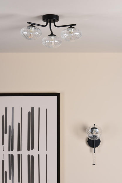 Ede Matt Black & Ribbed Glass Wall Light