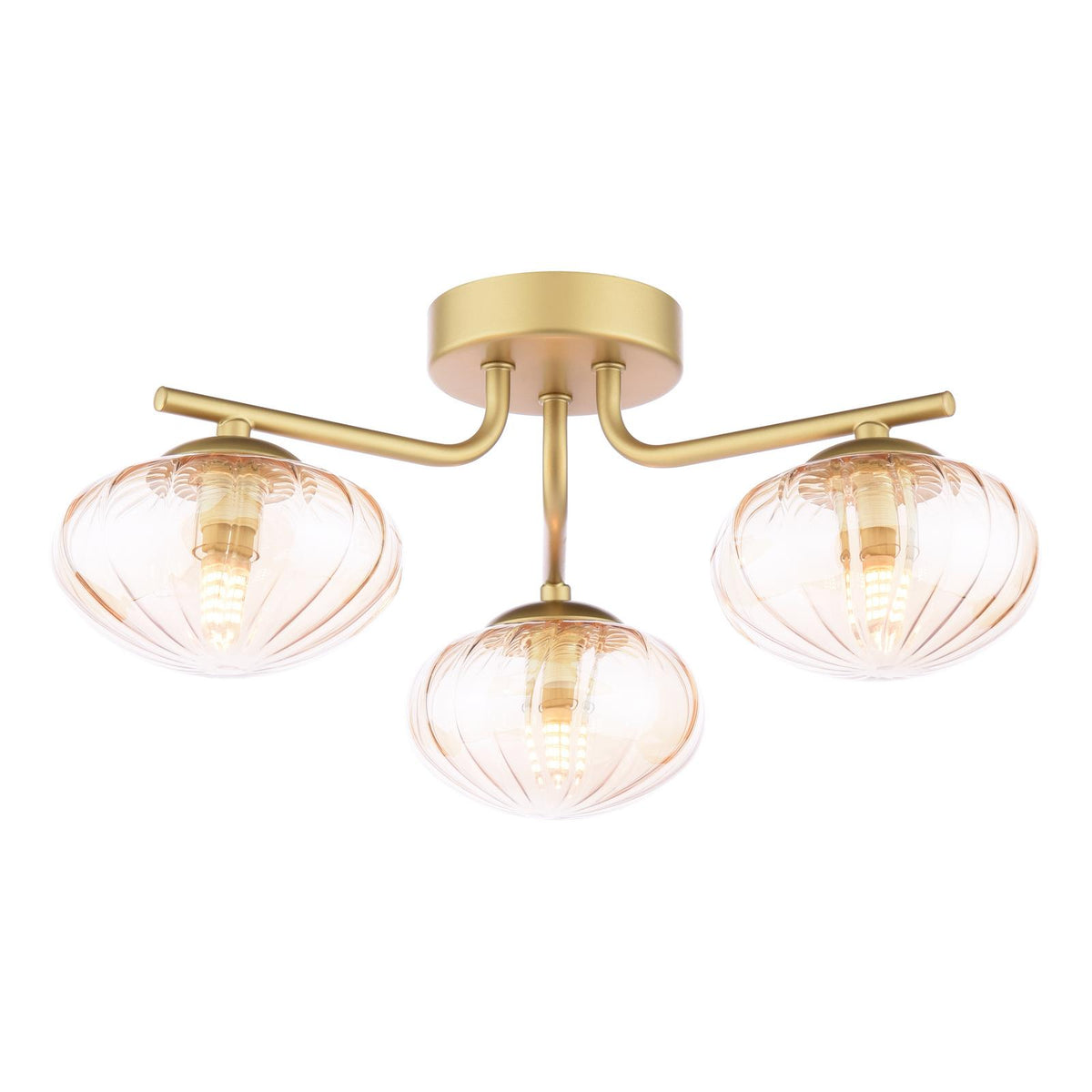 Ede 3 Light Satin Gold & Amber Glass Semi-Flush Ceiling Light