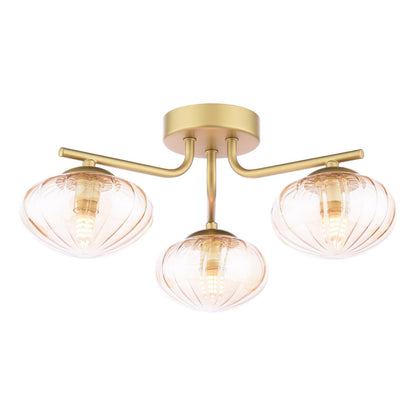 Ede 3 Light Satin Gold & Amber Glass Semi-Flush Ceiling Light