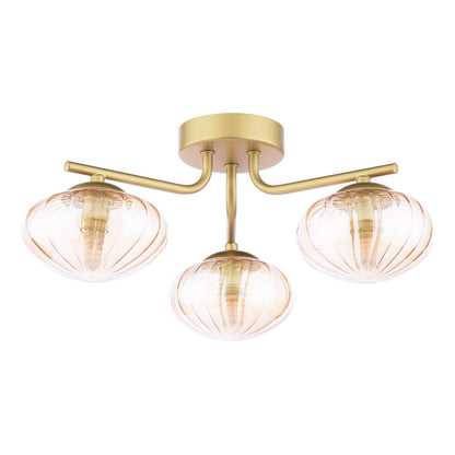 Ede 3 Light Satin Gold & Amber Glass Semi-Flush Ceiling Light