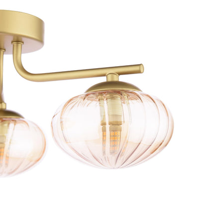 Ede 3 Light Satin Gold & Amber Glass Semi-Flush Ceiling Light