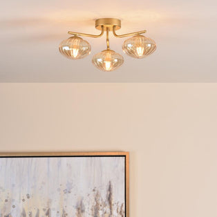 Ede 3 Light Satin Gold & Amber Glass Semi-Flush Ceiling Light