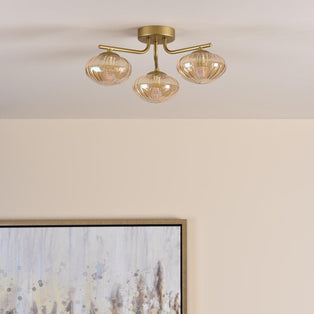 Ede 3 Light Satin Gold & Amber Glass Semi-Flush Ceiling Light