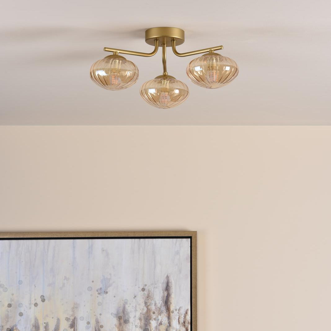 Ede 3 Light Satin Gold & Amber Glass Semi-Flush Ceiling Light