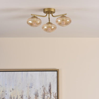 Ede 3 Light Satin Gold & Amber Glass Semi-Flush Ceiling Light