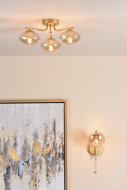 Ede 3 Light Satin Gold & Amber Glass Semi-Flush Ceiling Light