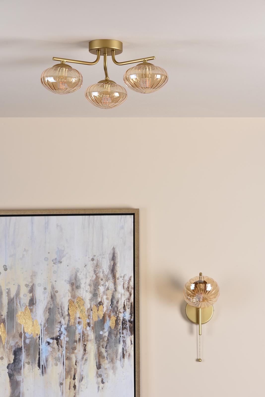 Ede 3 Light Satin Gold & Amber Glass Semi-Flush Ceiling Light