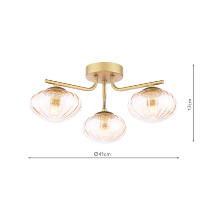 Ede 3 Light Satin Gold & Amber Glass Semi-Flush Ceiling Light