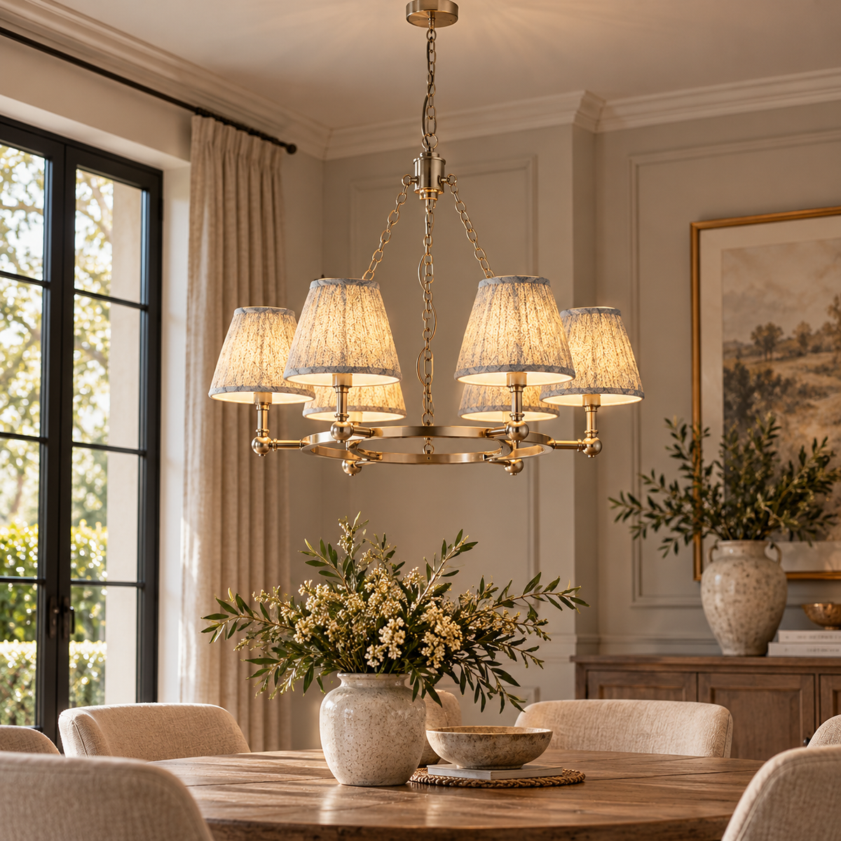 Arabella 6 Light Nickel Chandelier with Blue Leaf Shades